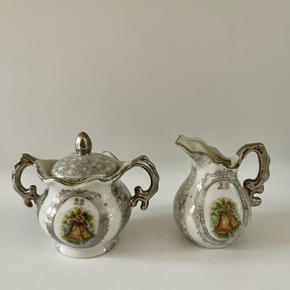 Vintage Enesco Japan 25th Wedding Anniversary Sugar Bowl & Creamer Set, 1950’s